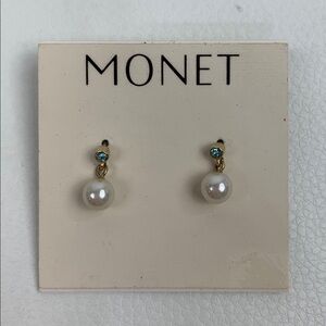 Monet Gold White Pearl Earrings with Blue sparkle Accent Posts New NWT